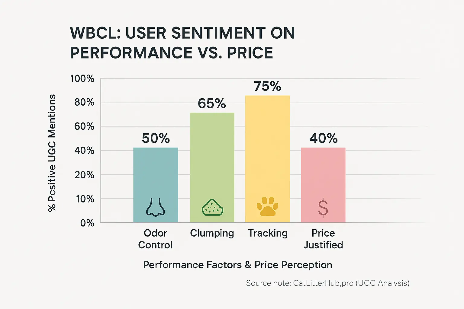 Bar chart: WBCL user sentiment. High ratings for Clumping (70%), Odor (60%). Lower for Tracking (40%), Price Justified (30%).
