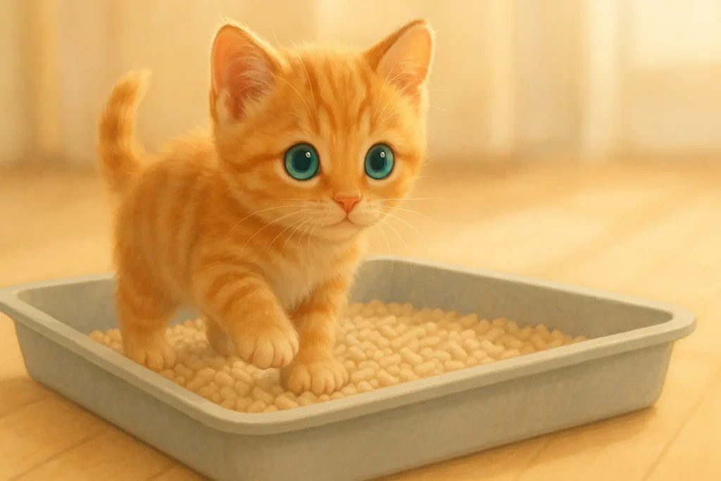 Tiny, fluffy, curious ginger tabby cautiously enters a low, safe litter box with soft, fine-grained paper pellets.