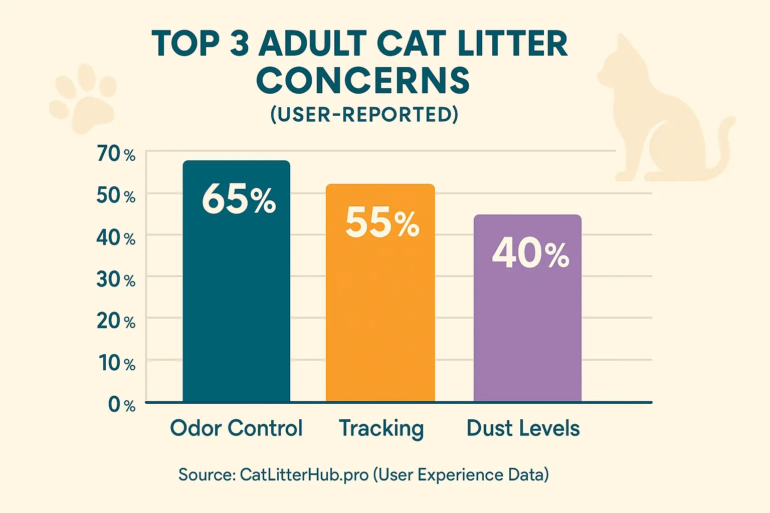 Bar chart: Top 3 user-reported adult cat litter concerns: Odor Control 65%, Tracking 55%, Dust Levels 40%.