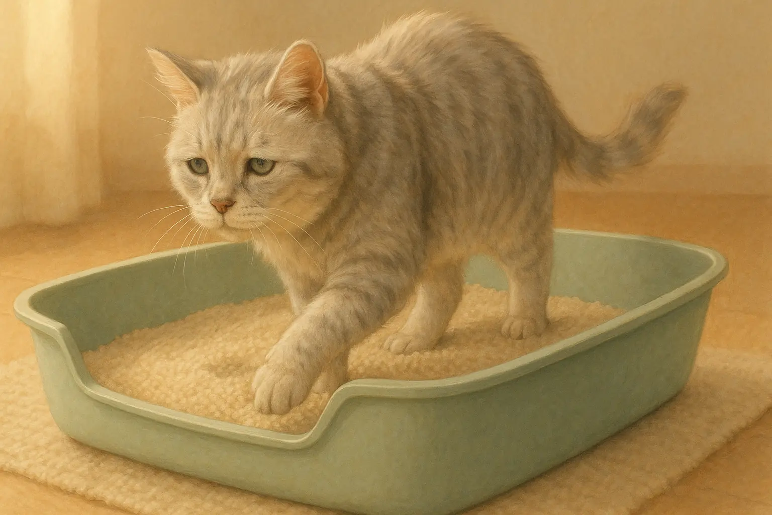 Gentle, older silver tabby cat easily steps into a low-sided, spacious litter box, ensuring comfort and access for seniors.