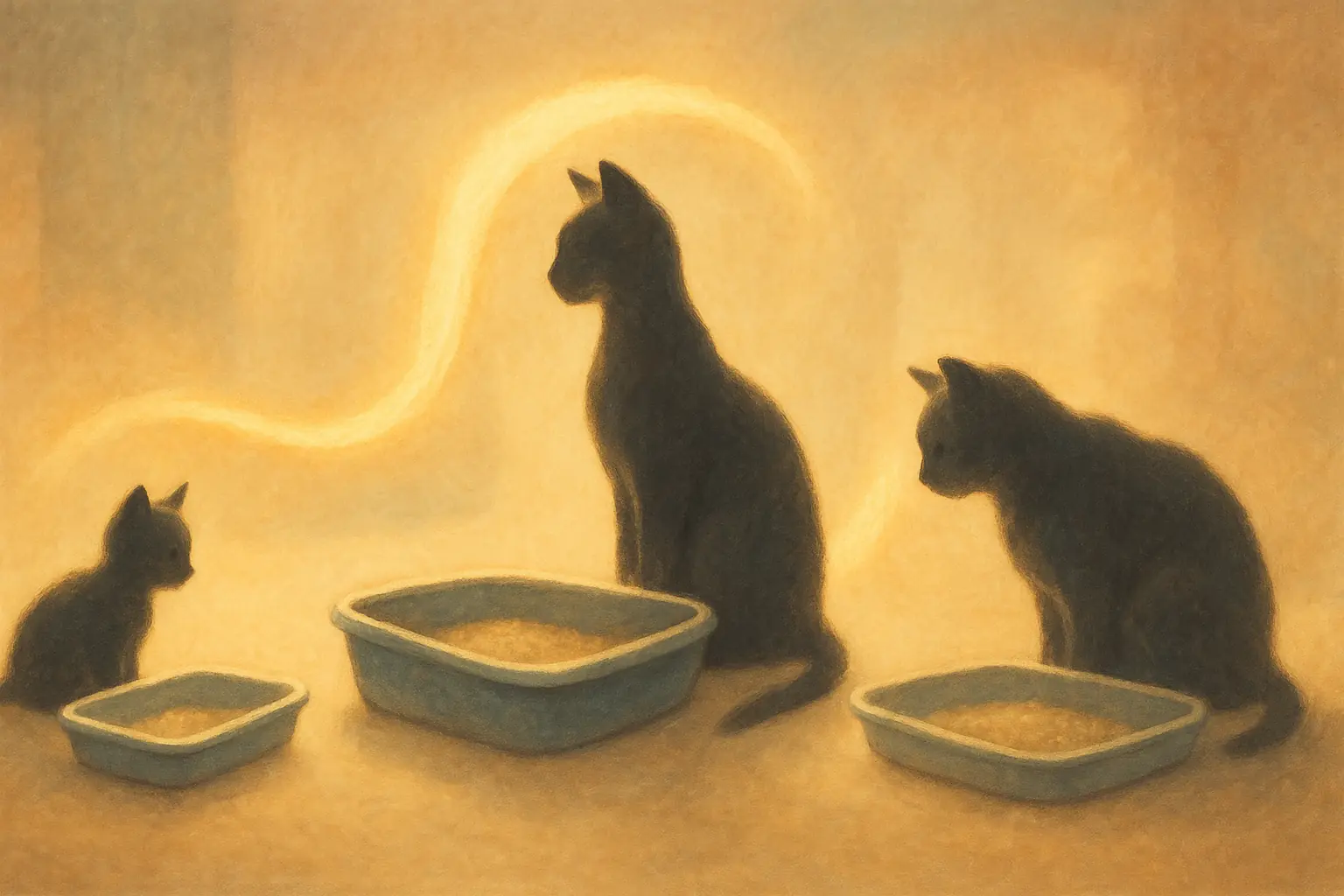 Kitten, adult, and senior cat silhouettes with age-fit litter boxes, linked by a warm glow symbolizing lifelong comfort and