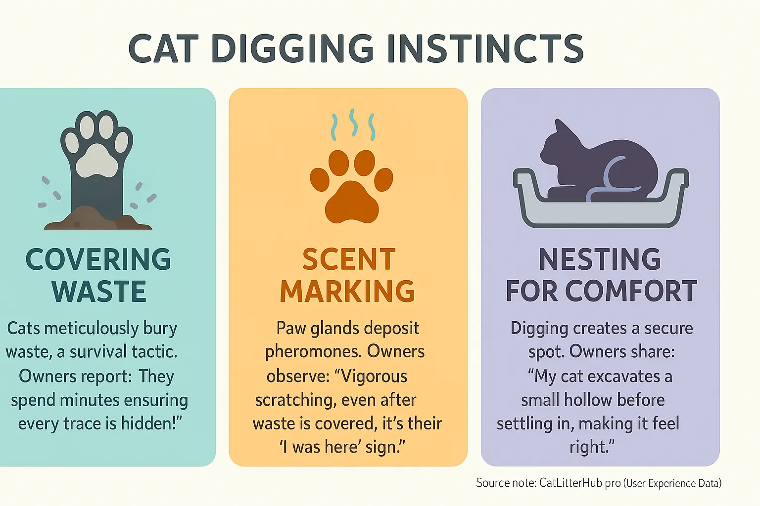 Mini-infographic: 3 cat digging instincts (waste, scent, nesting), icons & UGC, explains why cats dig.