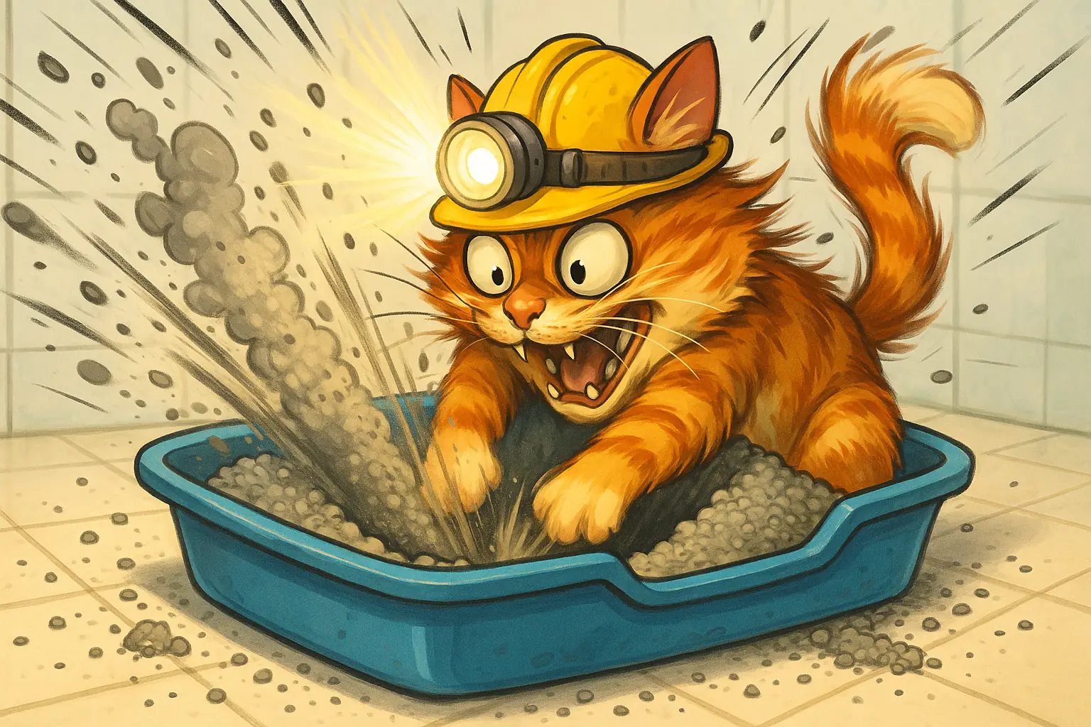 Humorous cat archaeologist with miner's helmet digs wildly in litter box, illustrating extreme digging.