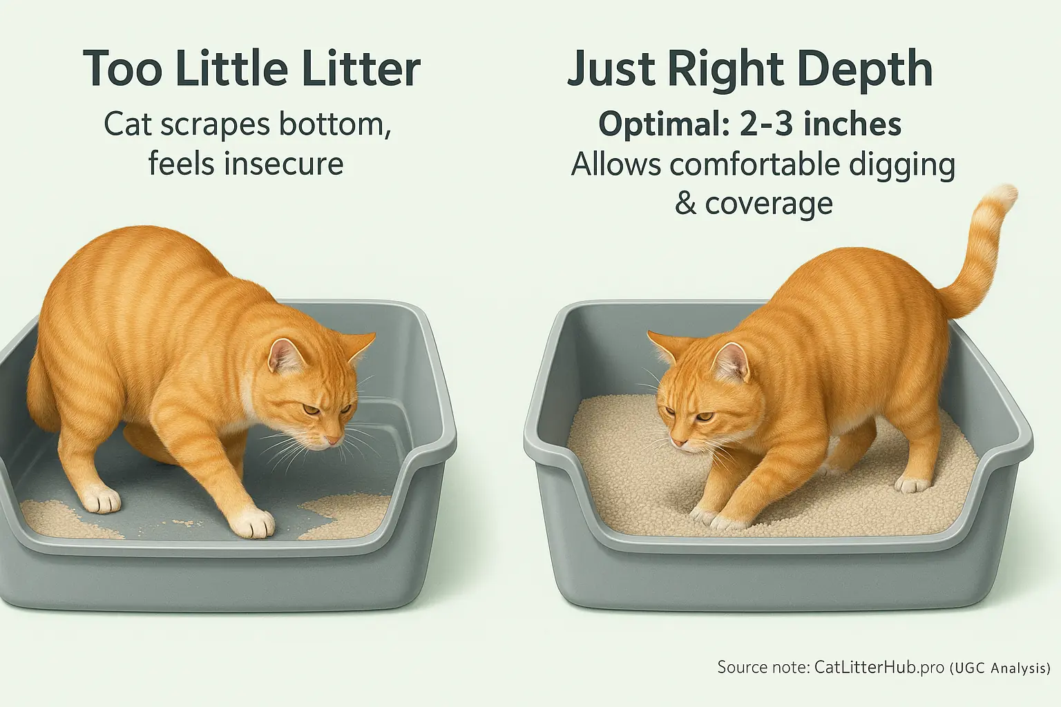 Optimal 2-3 inch litter depth: cat frustrated by shallowness, happy digging in correctly filled box.