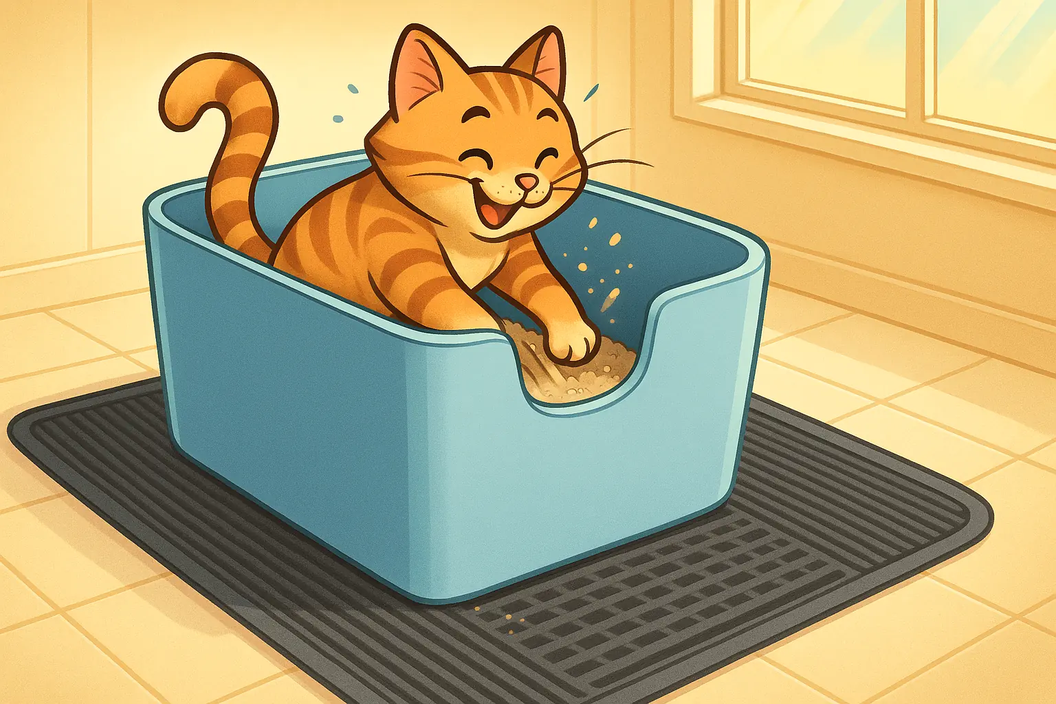 Happy cat in a well-contained, high-sided or top-entry litter box on a mat, perfect for digging cats.