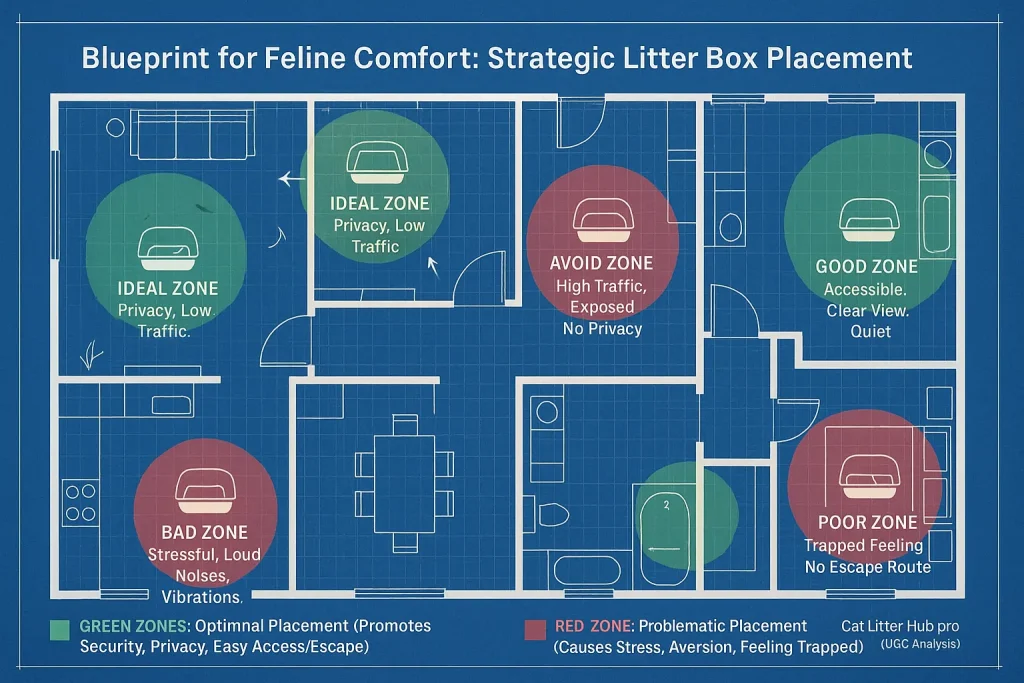 House blueprint illustrating optimal vs. poor litter box placements, guided by cat psychology for privacy & escape routes.