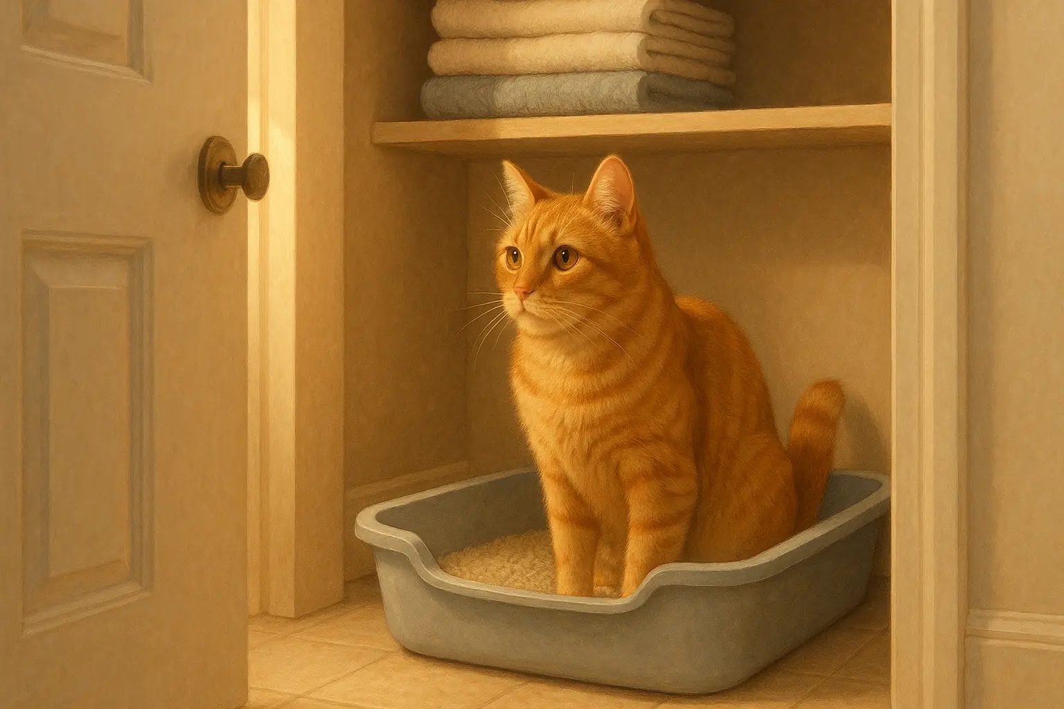 Cat content in its litter box, tucked away in a quiet, private corner.