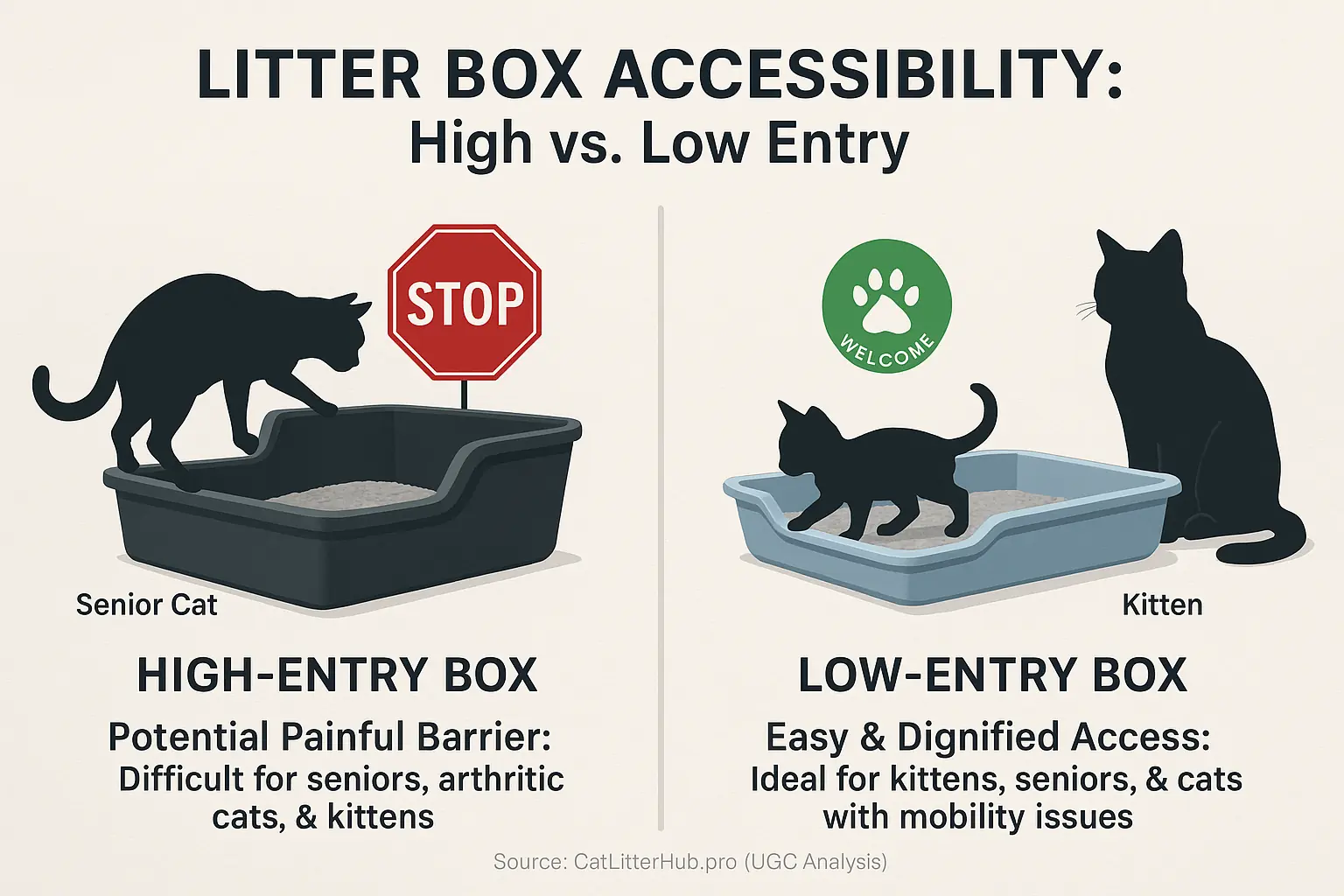 Senior cat silhouette at high box with 'barrier' sign; kitten silhouette at accessible low box with 'welcome' sign.