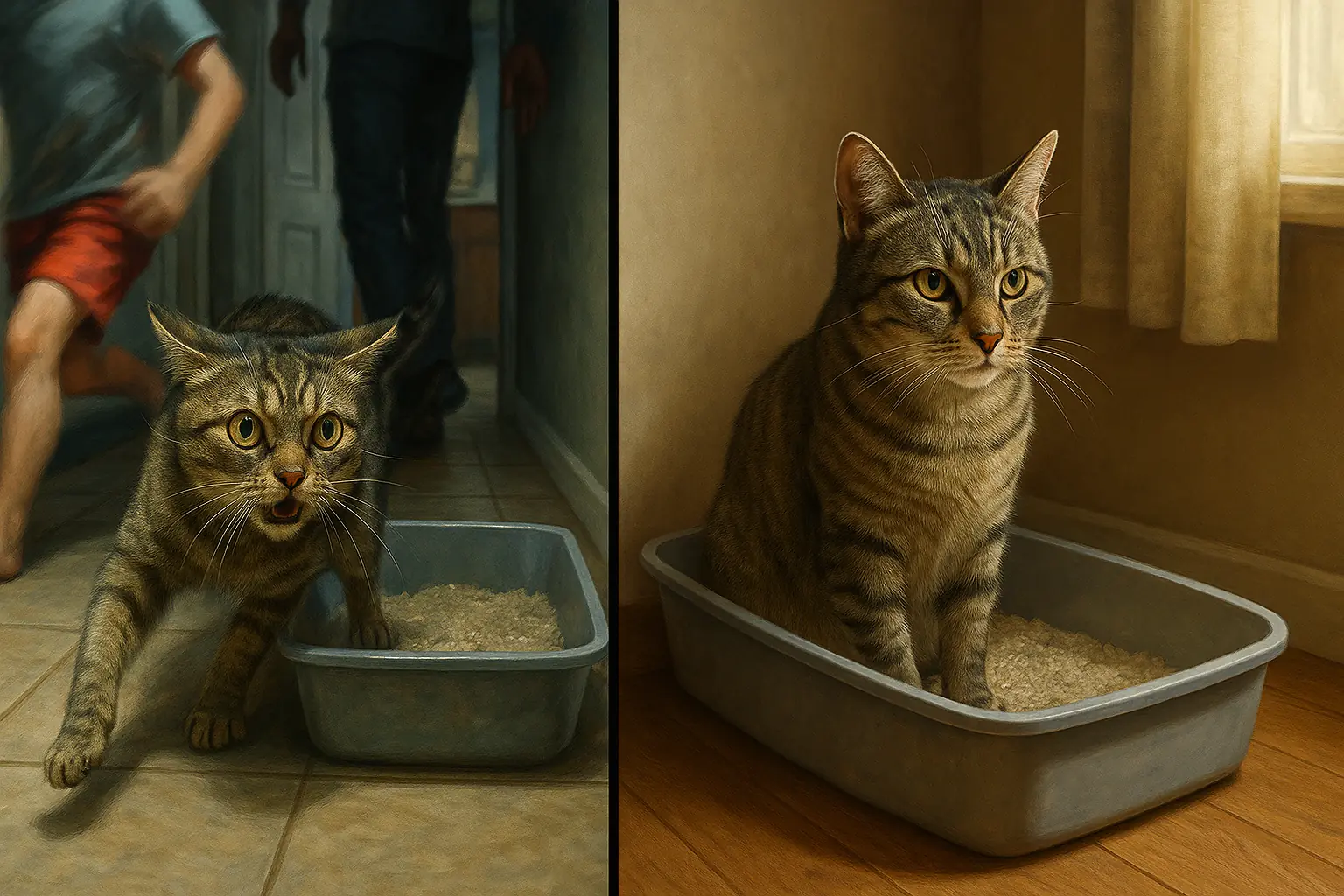 Stressed cat in busy hallway litter box contrasts with calm cat using one in a quiet, private space.