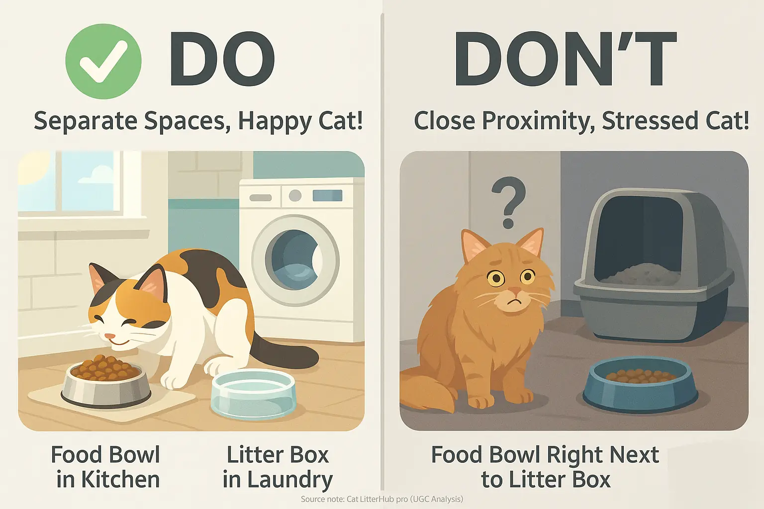 Infographic: Do - food bowl in kitchen, litter box in laundry. Don't - food bowl by litter box, cat looks confused.