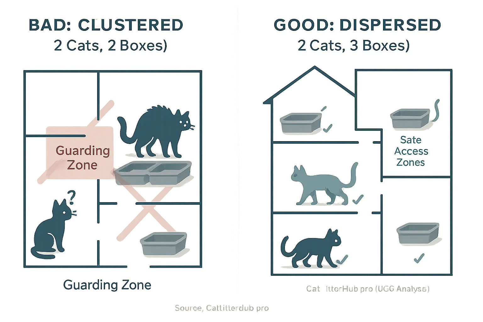 House layout: 'Good' multi-cat litter box setup (N+1 boxes, dispersed) vs. 'Bad' setup (N boxes, clustered).