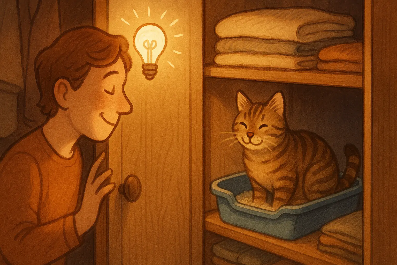 Cat owner's lightbulb 'aha!' moment observing cat happily use litter box in an unexpected, perfect spot.
