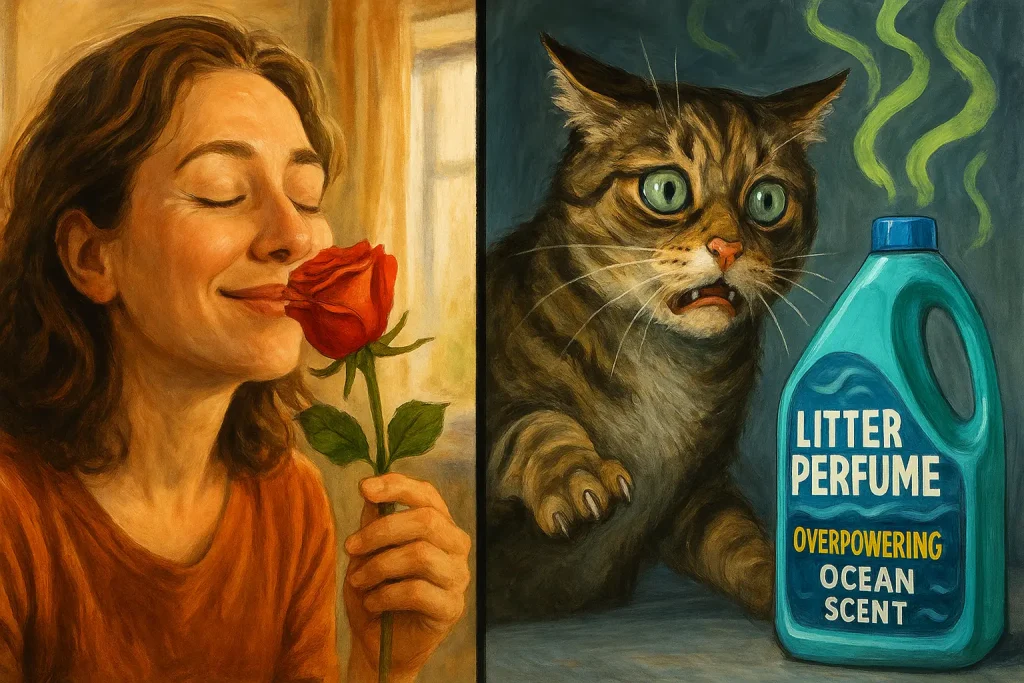 Split-panel: Human enjoys flower's scent; cat recoils, alarmed by potent litter perfume, showing olfactory divide.