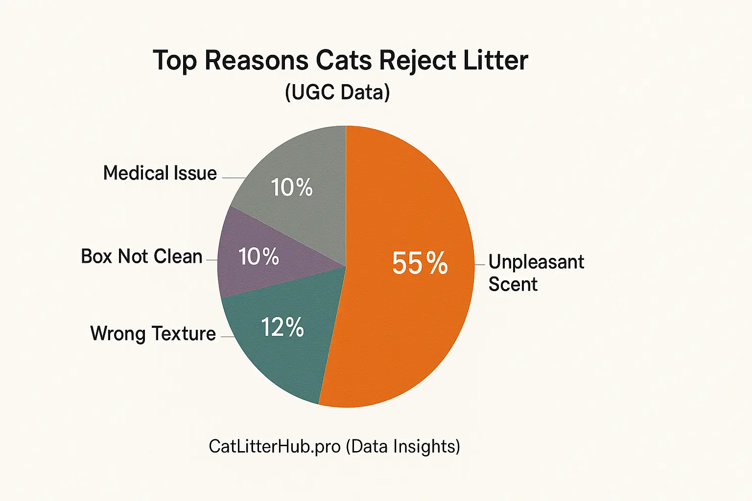 Pie chart of UGC data: Unpleasant scent is by far the top reason cats reject litter, underscoring scented litter problems.