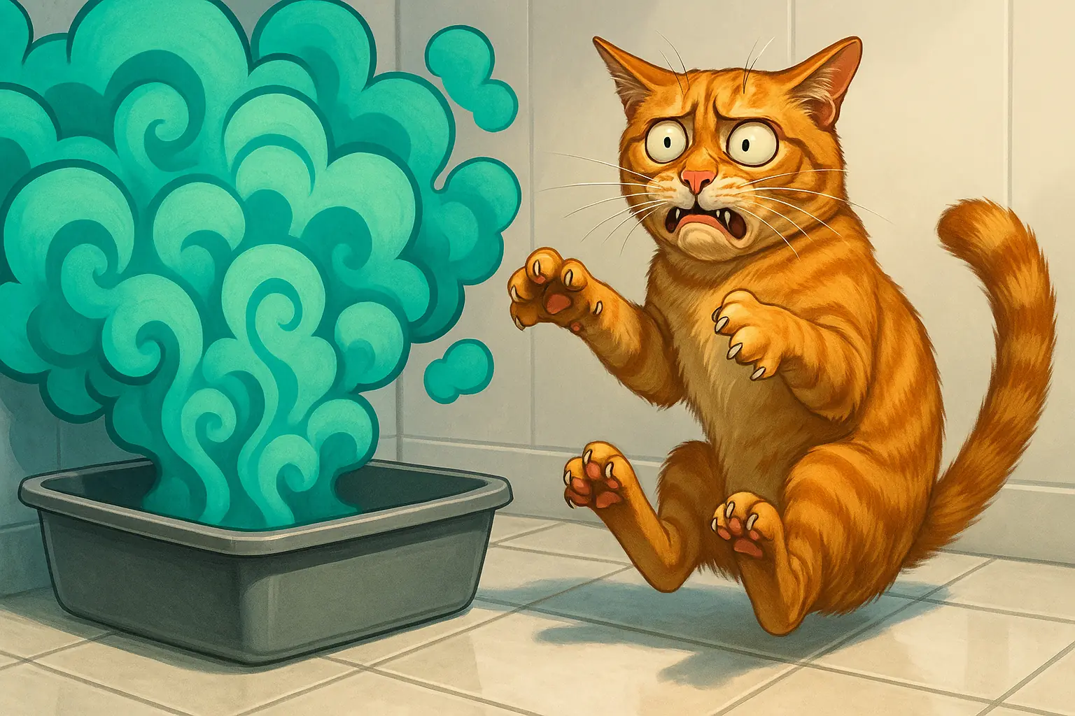 Cat recoils, disgusted by strong, Febreze-like perfume clouds from its litter box, showing scent pitfalls.