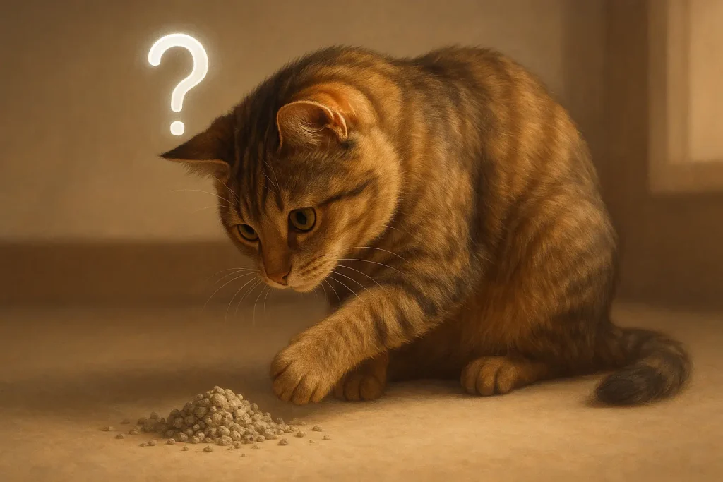 Contemplative cat paws at litter, question mark above, wondering what makes it feel right.