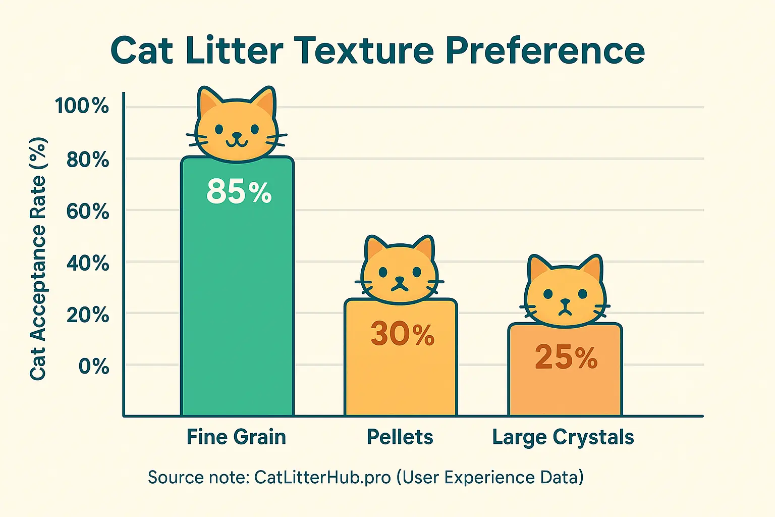 Bar chart with friendly cat icons: Fine grain litter shows significantly higher cat satisfaction over pellets & crystals.
