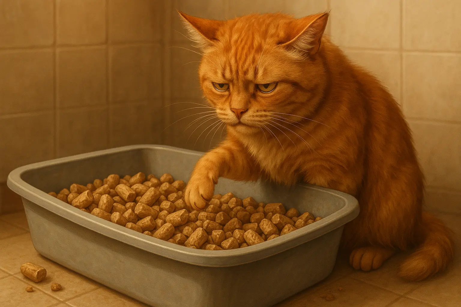 Skeptical cat, paw raised, eyes large litter pellets, hesitant to enter box, showing pellet aversion.