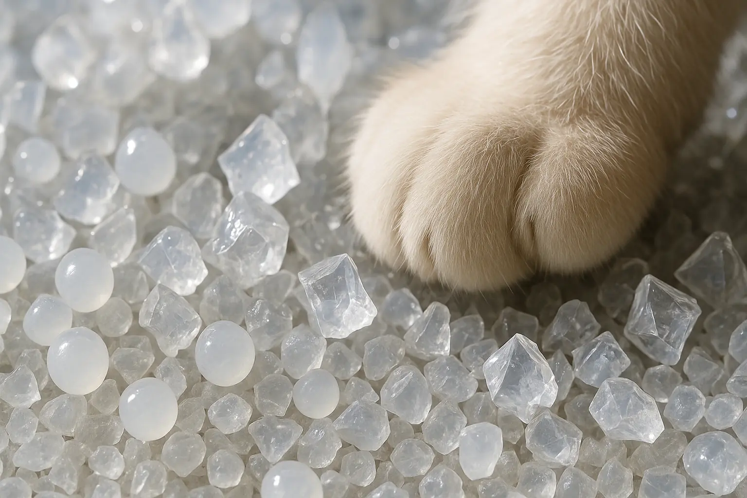 Assorted crystal litter textures, smooth to angular, with a cat's paw in soft focus nearby.