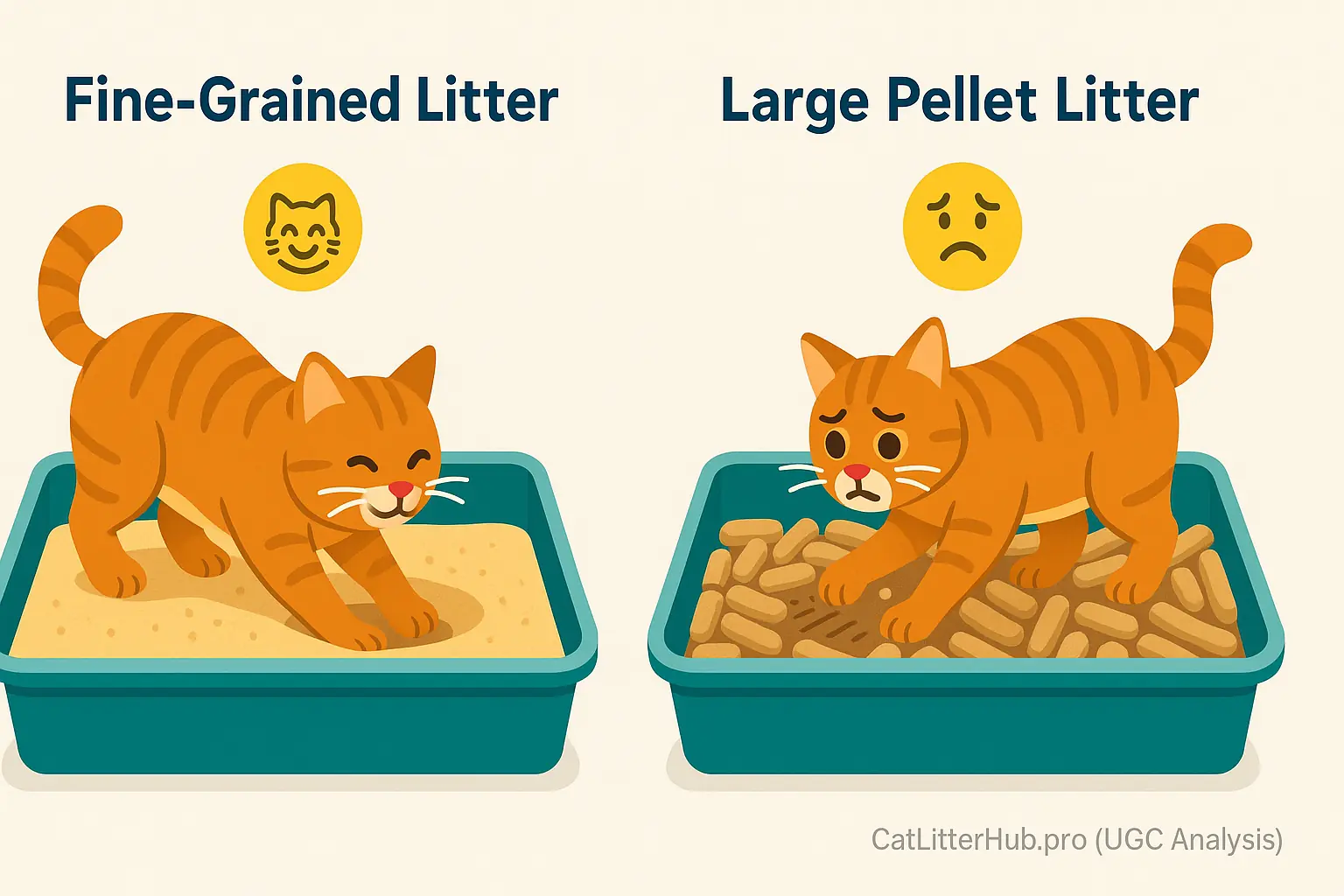 Two litter boxes: cat digs hole in fine litter, another cat barely scratches coarse pellets.