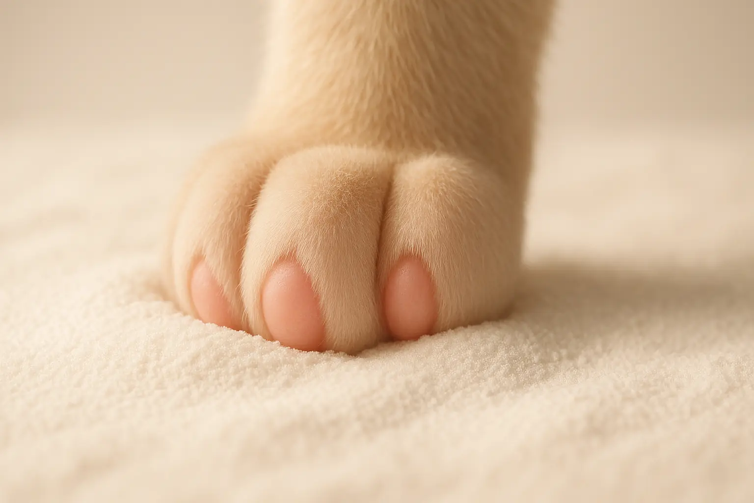 Cat's paw gently presses into soft, fine litter, illustrating comfort for sensitive, declawed paws.