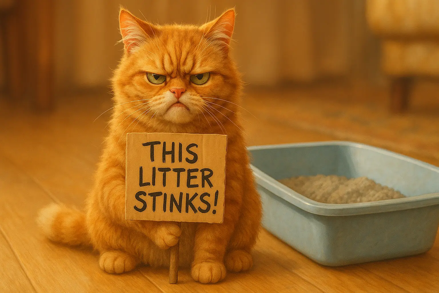 Disgruntled cat sits outside its litter box holding a tiny protest sign.