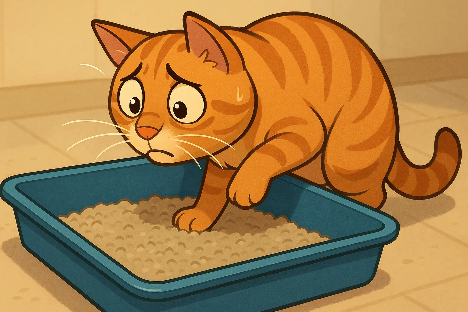 Cat peeks cautiously into litter box, paw raised, looking unsure.