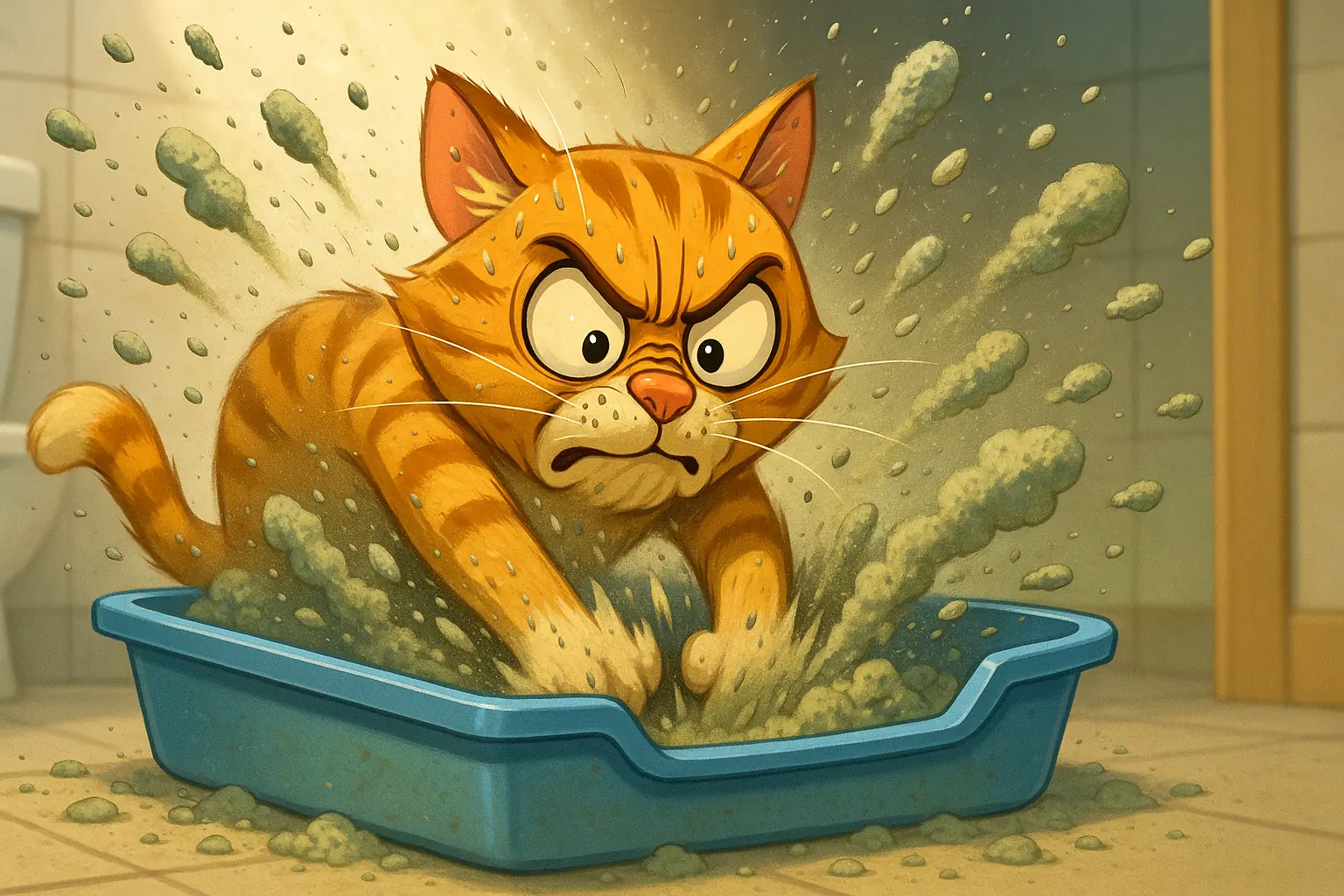 Slightly exaggerated, humorous illustration: cat digging intensely, sending litter flying, depicting a &#x27;Frantic Digger&#x27;.