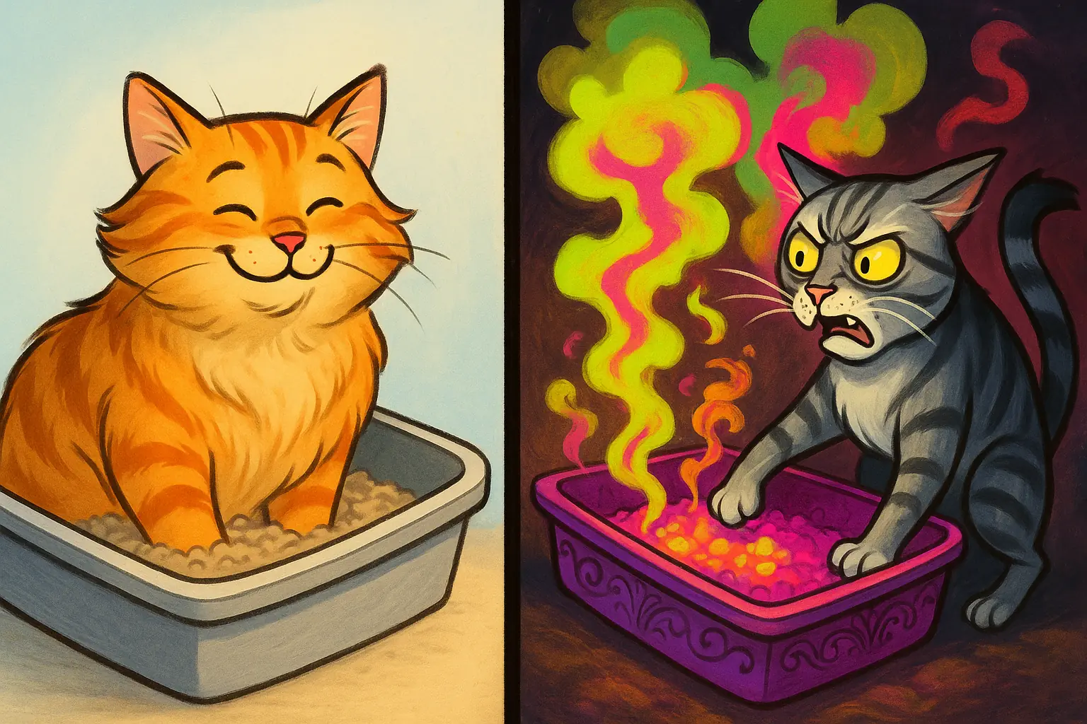 Cat happily uses unscented litter; another rejects a box with strong perfume clouds, showing feline preference.