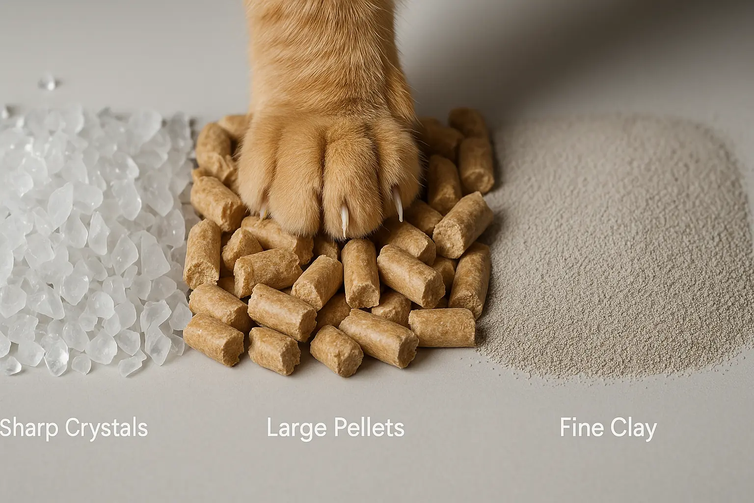 Close-up: Cat&#x27;s paw hesitantly approaches uncomfortable sharp crystal and large pellet litters, contrasted with fine clay.