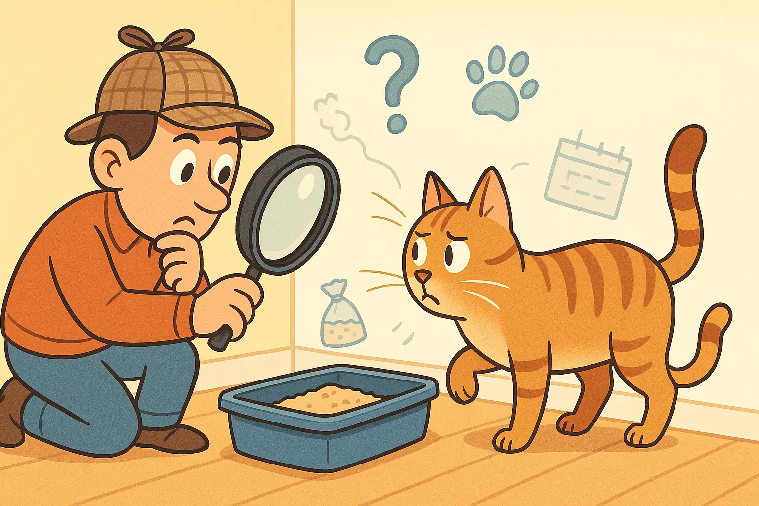 Cat owner, a &#x27;litter detective,&#x27; comically, thoughtfully observes cat by litter box with magnifying glass; clue icons float