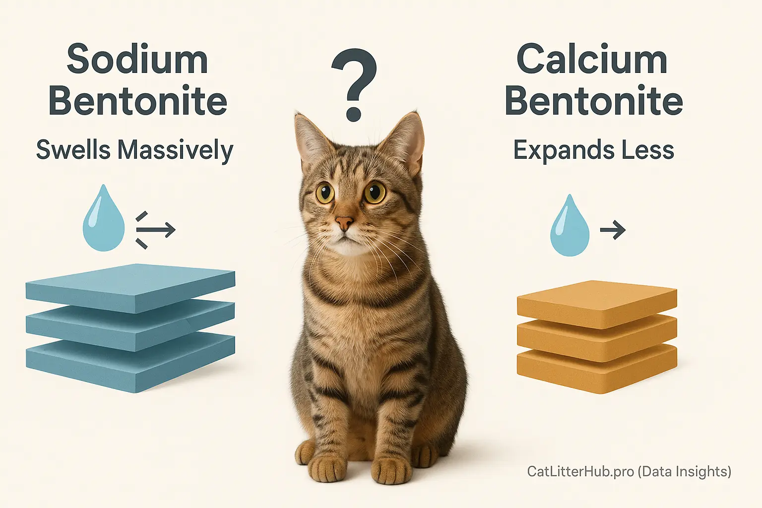 Cat quizzically views expanding sodium bentonite vs. compact calcium bentonite molecules.