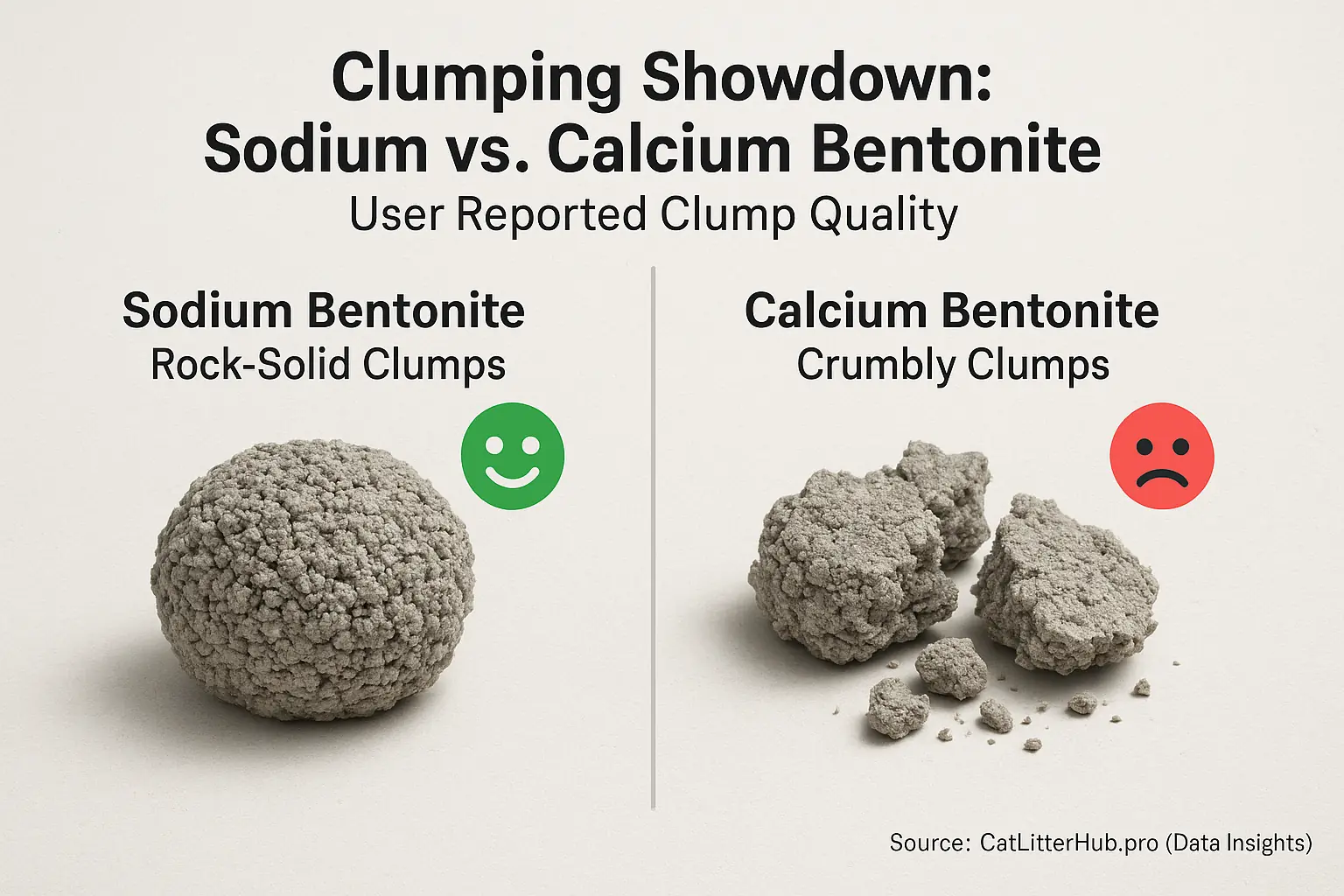 Side-by-side: Sodium bentonite&#x27;s hard clump (happy face), calcium&#x27;s crumbly clump (sad face).