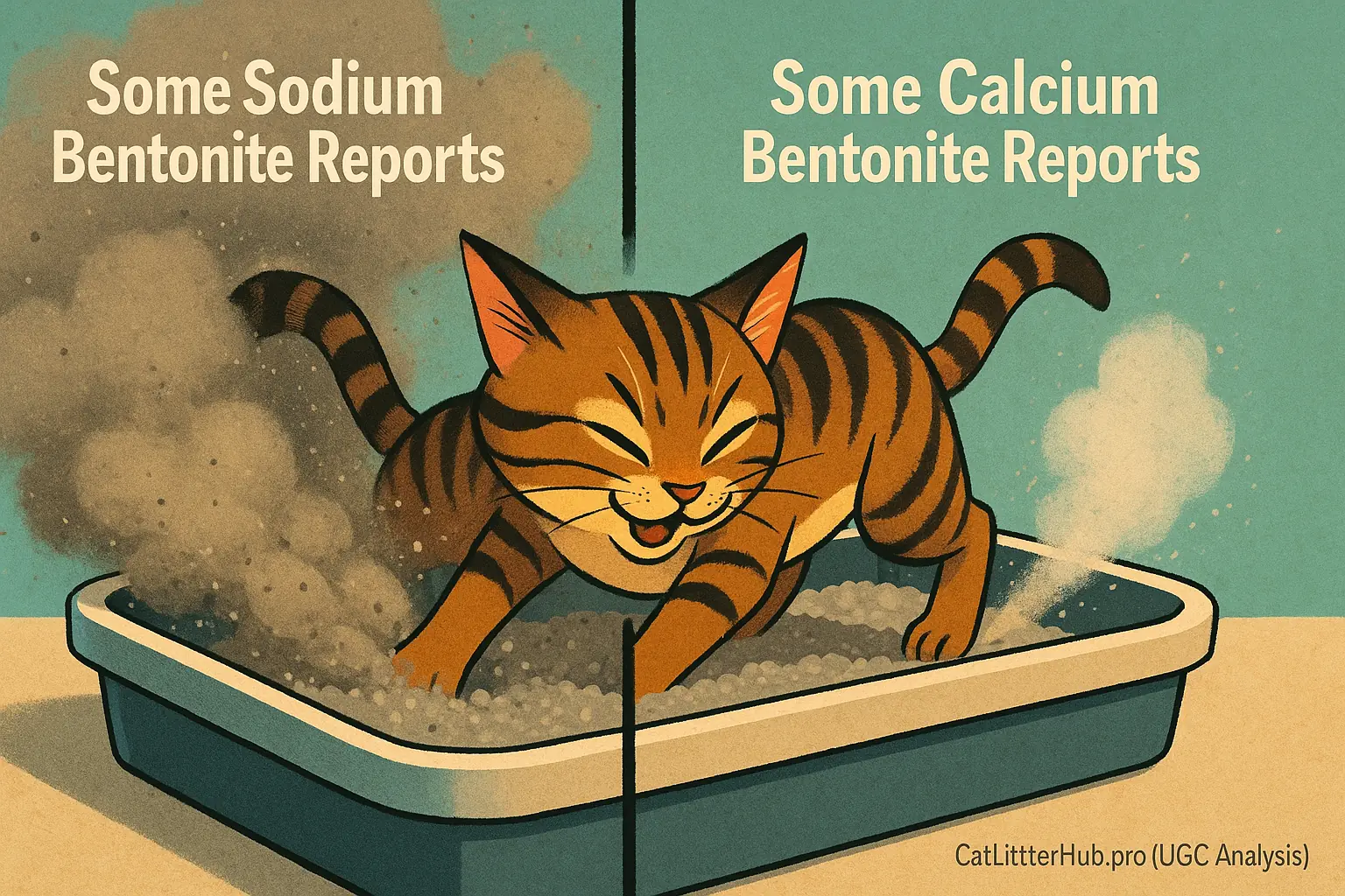 Illustration: Cat digging in sodium bentonite litter (more dust) vs. calcium bentonite (less dust), per reports.