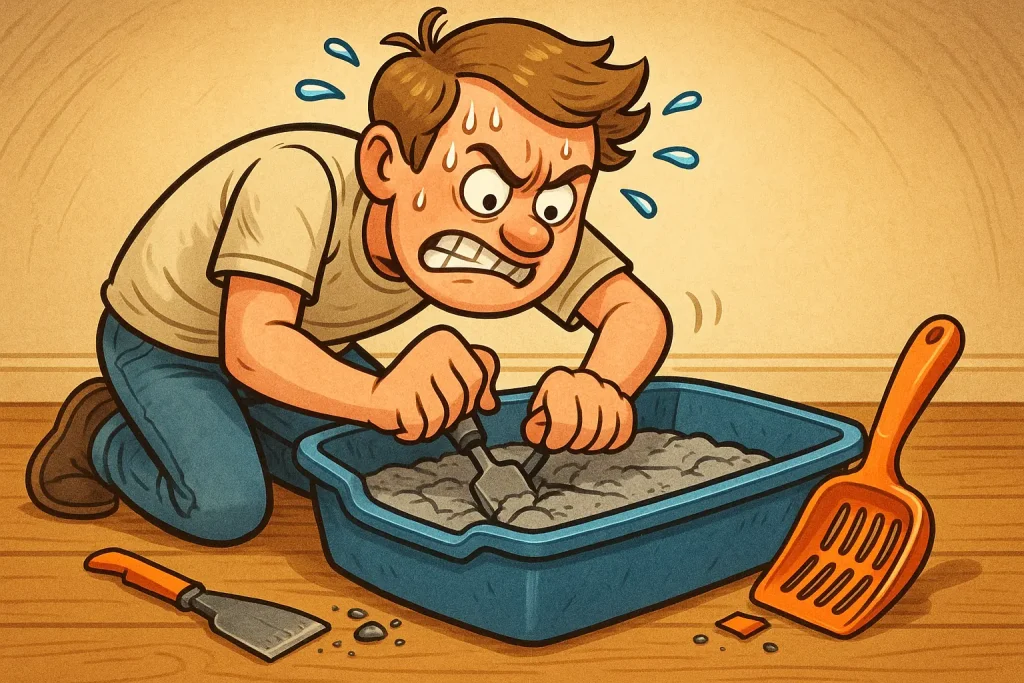 Frustrated cat owner chiseling stubborn, rock-hard 'litter-crete' in a litter box, a broken scoop nearby.