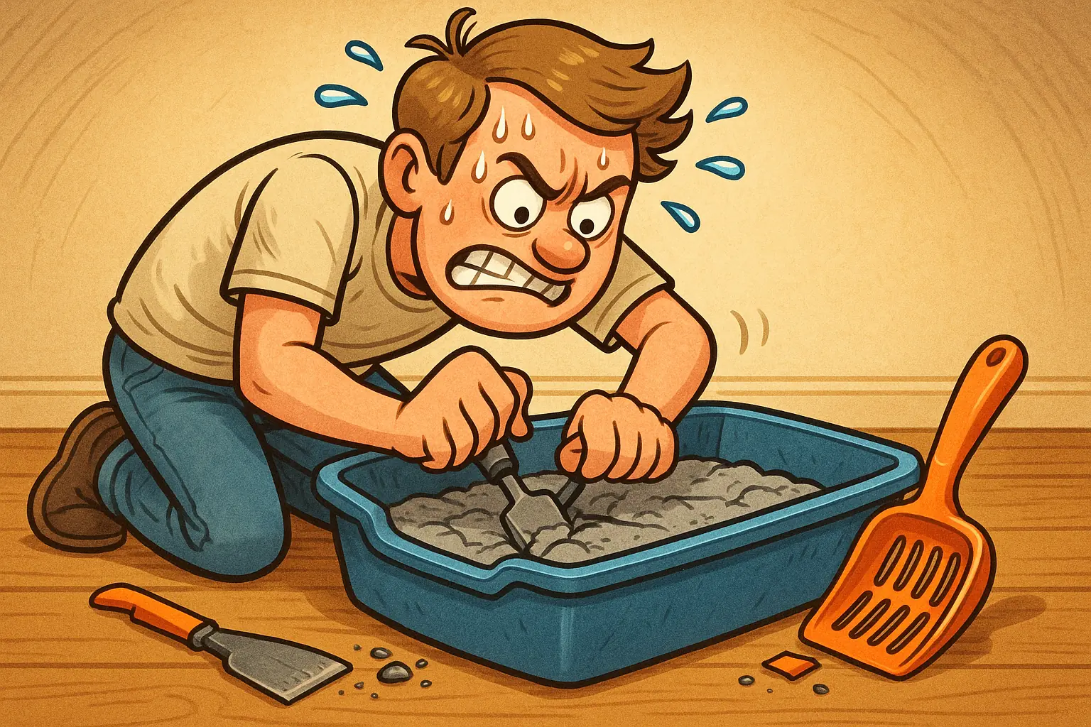 Frustrated cat owner chiseling stubborn, rock-hard 'litter-crete' in a litter box, a broken scoop nearby.