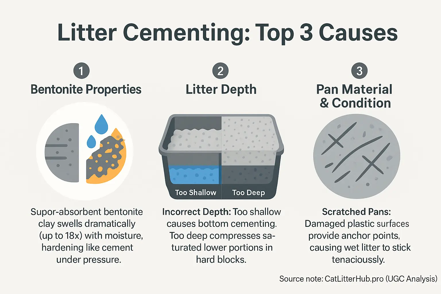 Infographic: Three causes of litter cementing: bentonite (molecule), litter depth (levels), and scratched pans.