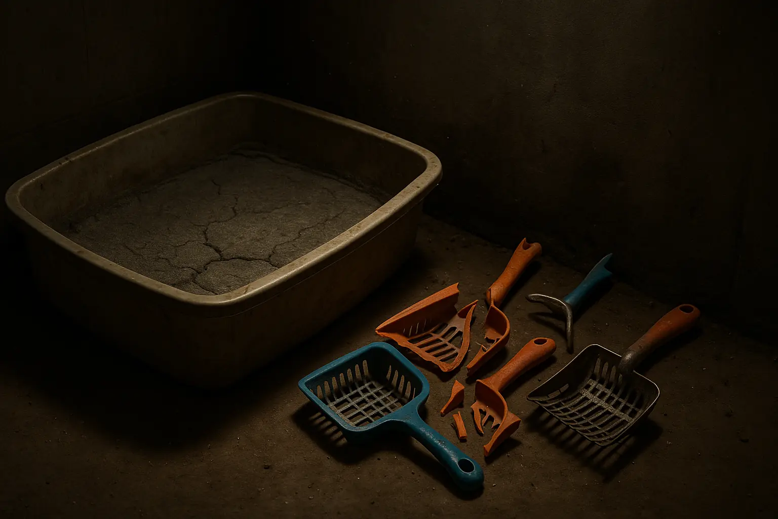 Broken litter scoops beside a litter box with hardened 'litter-crete', illustrating scooping frustrations.