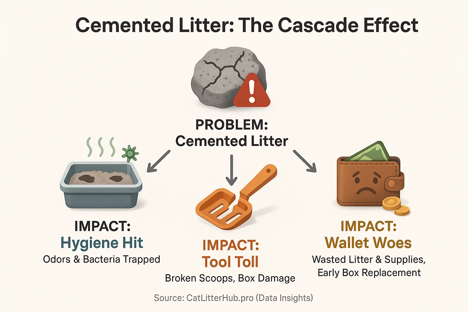 Cemented litter icon leads to icons: dirty box, broken scoop, and sad wallet.