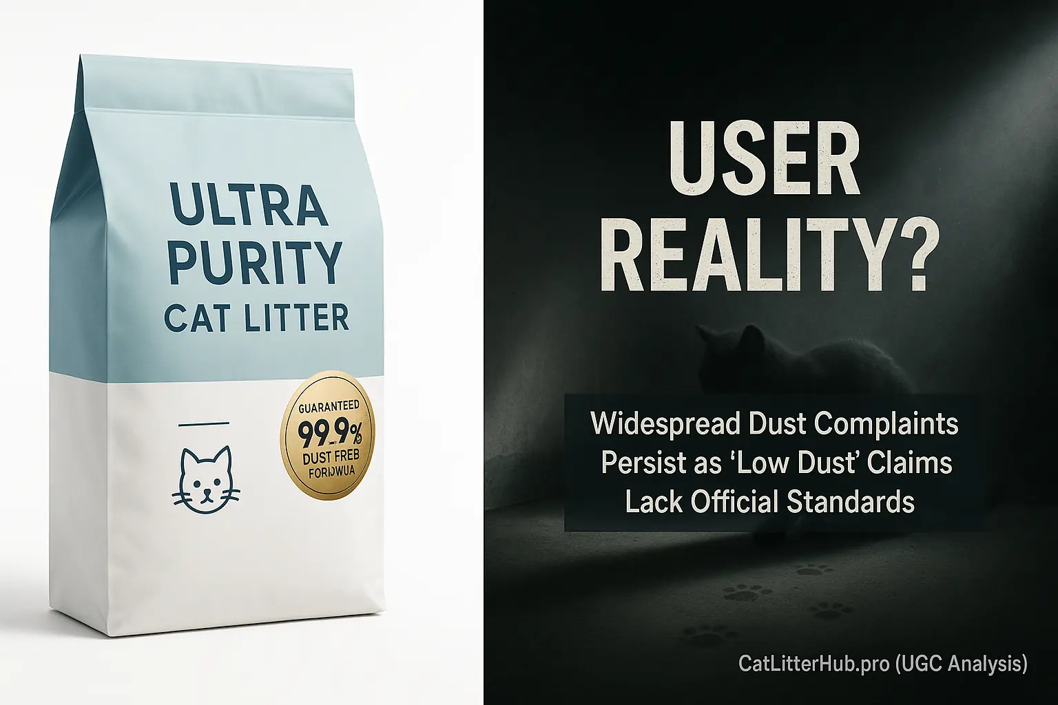 Shiny '99% Dust-Free' litter bag juxtaposed with a very dusty room with a cat; 72% of users find such claims misleading.