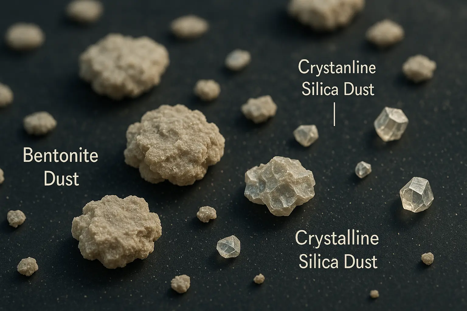 Labeled microscopic view: irregular, flaky bentonite dust and sharp, crystalline silica dust.