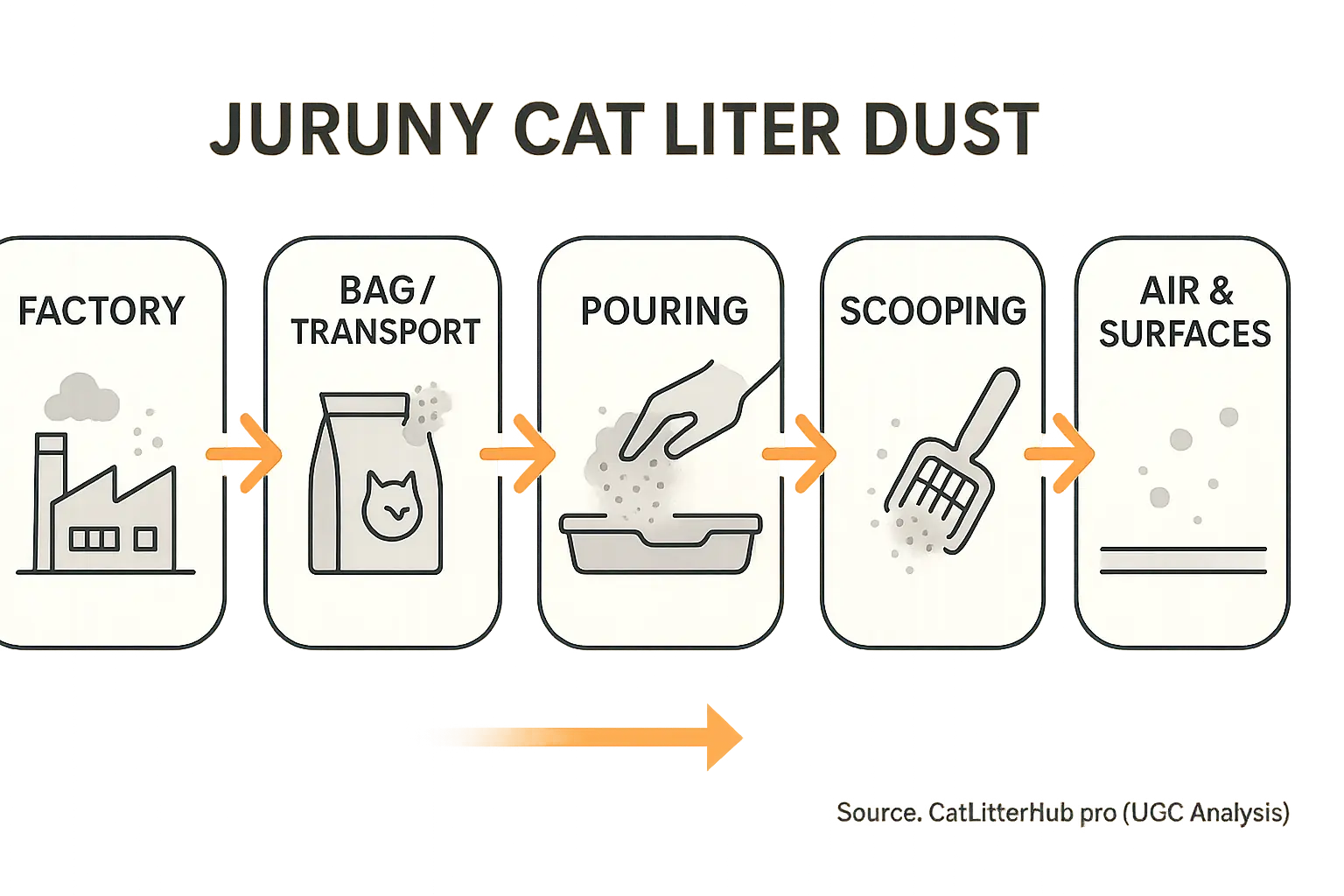 Flowchart: Dust's journey from Factory, Bag/Transport, Pouring, Scooping, to Air & Surfaces, each stage with dust release