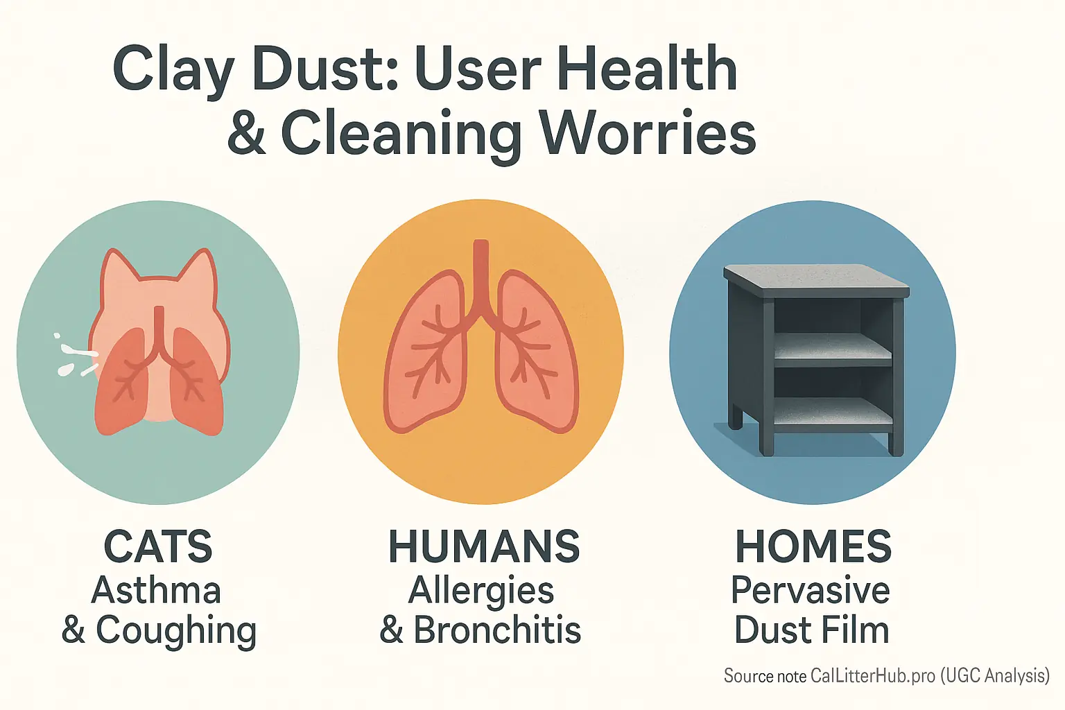 Icons of cat lungs, human lungs, and dusty furniture alongside text 'Clay Dust: User Health & Cleaning Worries'.