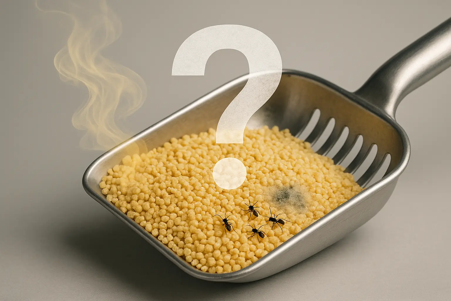 Corn litter scoop: sweet scent swirls vs. insect/mold silhouettes &amp; mold patch, with a central question mark querying