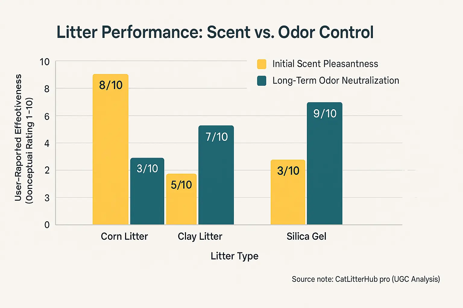 Bar chart: User-reported corn litter: high initial scent, lower long-term odor control vs. clay &amp; silica.