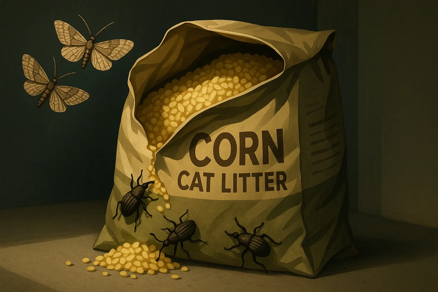 Stylized pantry moths and weevils emerging from an ajar corn cat litter bag, showing insect attraction.