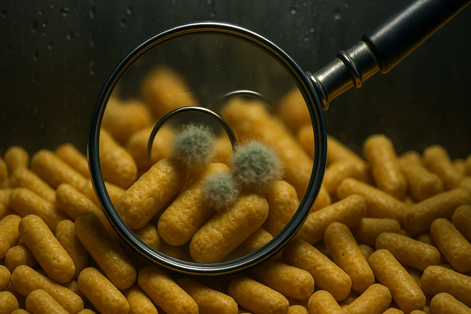 Subtle, stylized mold spots on corn litter viewed through a magnifying glass, highlighting humidity-driven fungal growth.