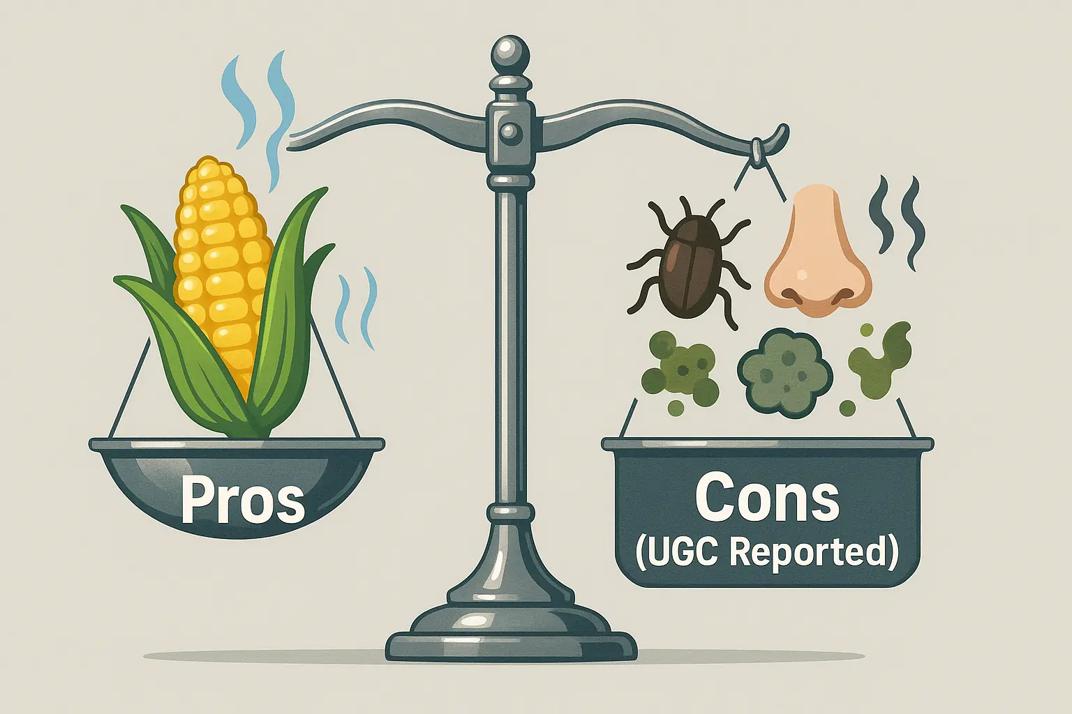 Balanced scale weighing corn litter&#x27;s sweet scent (pro) against user-reported cons (bugs, mold, odor).