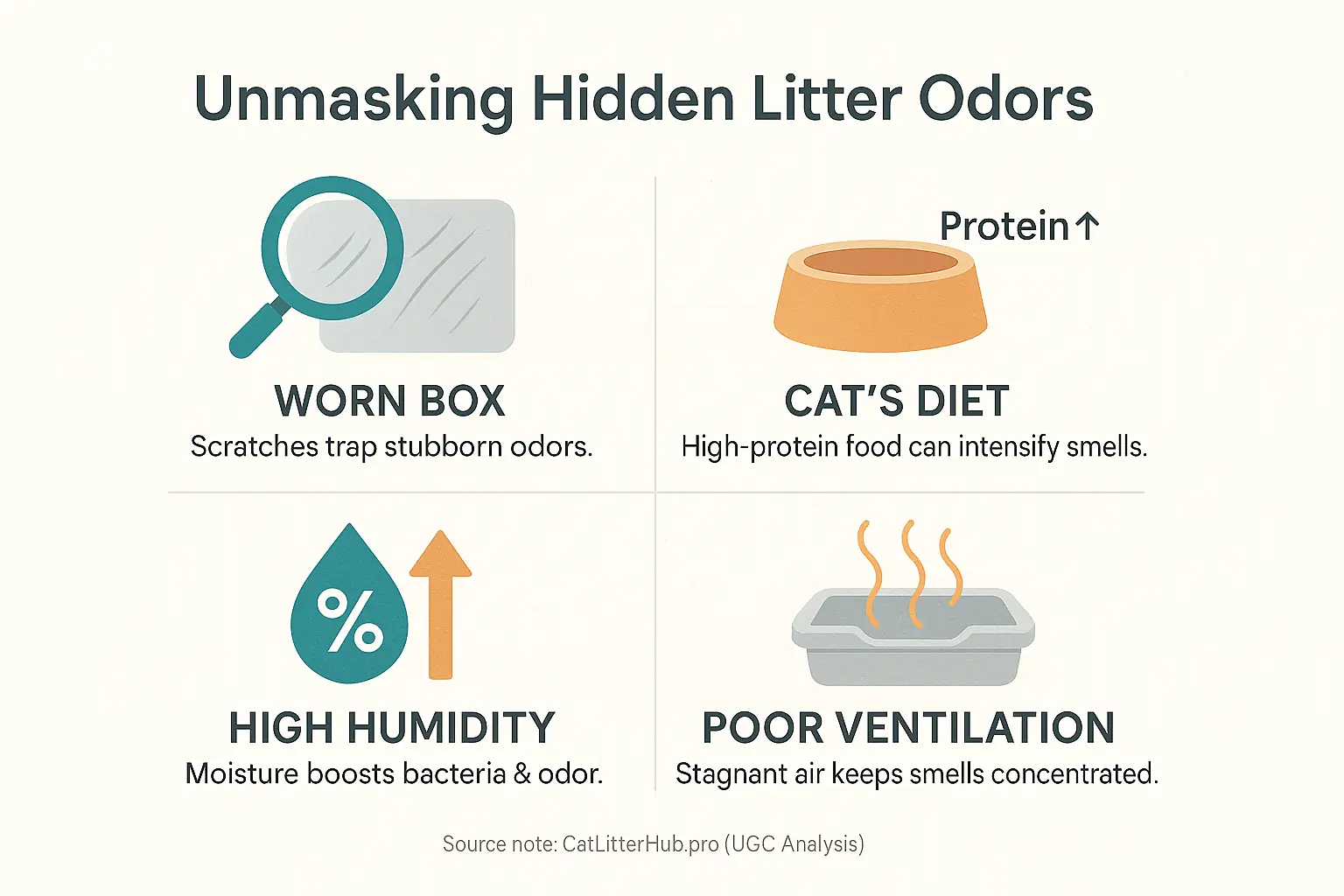Icons for 3-4 top overlooked litter box odor sources: box material, diet, humidity.