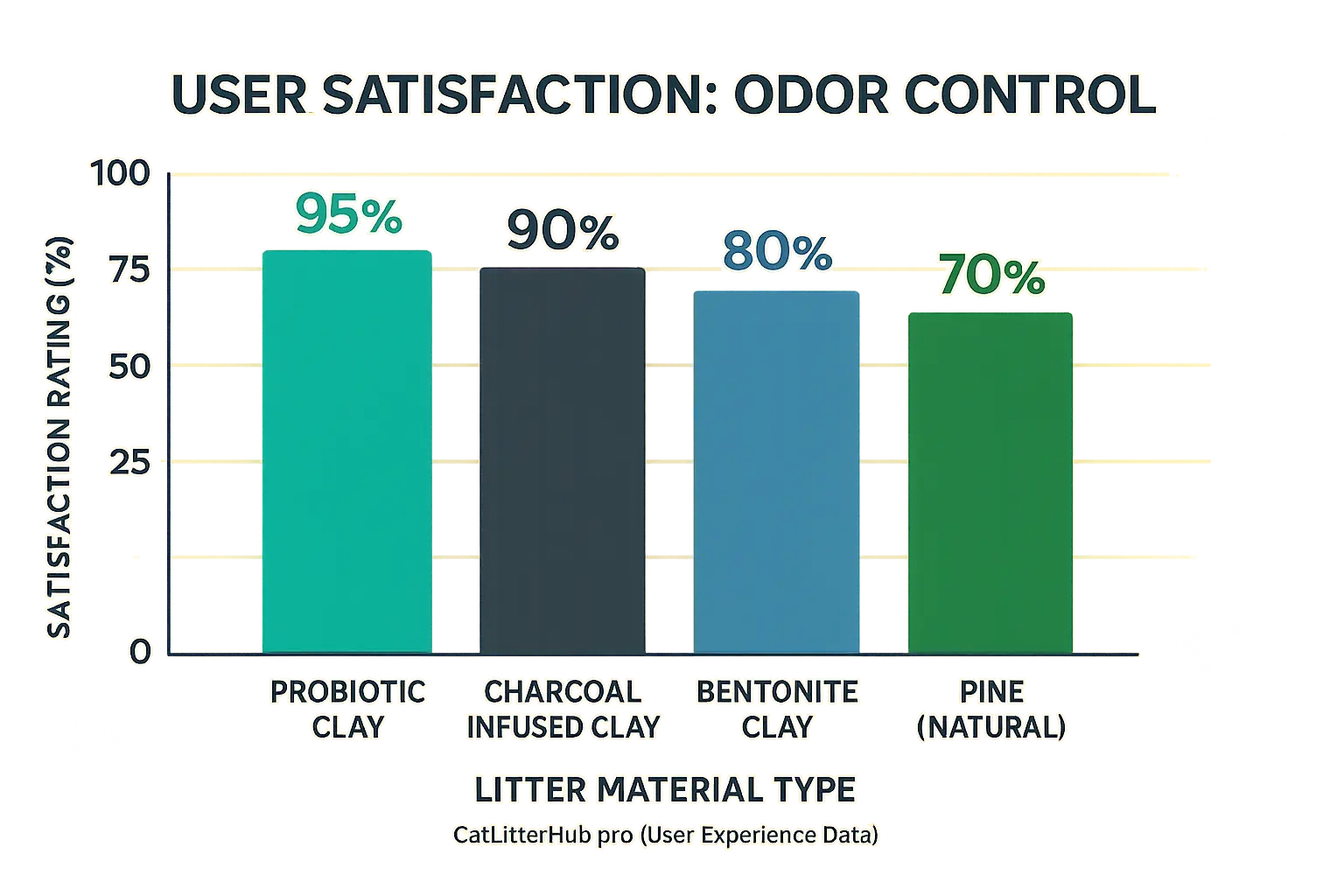 Bar chart comparing user satisfaction ratings for odor control: clay, pine, and silica gel litters.